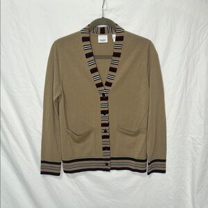 Burberry Tan Cardigan with Striped Trim